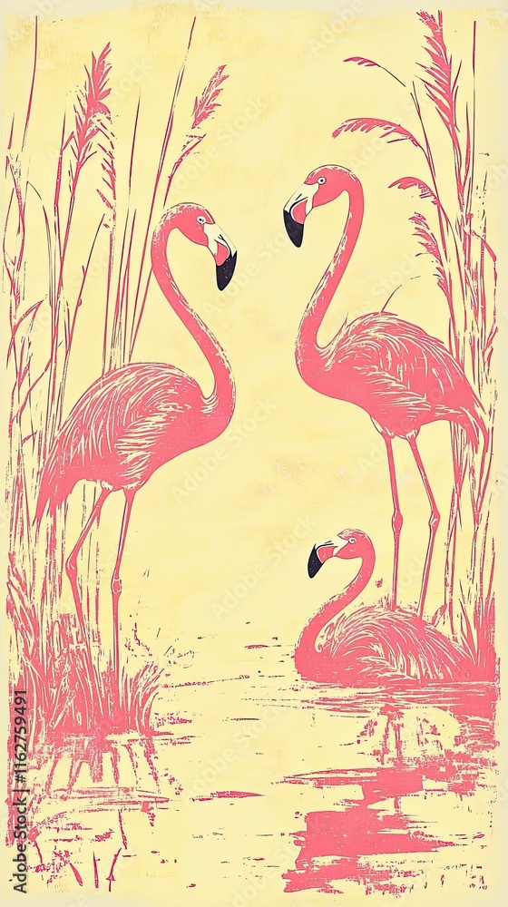 Naklejka premium Pink Flamingos Resting Among Tall Reeds