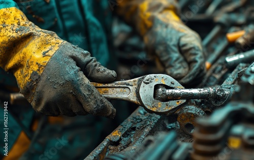 Grimy Gloves, Worn Wrench: A mechanic's hands, stained with grease and toil, delicately wield a tool, a testament to unwavering dedication and hard work. photo