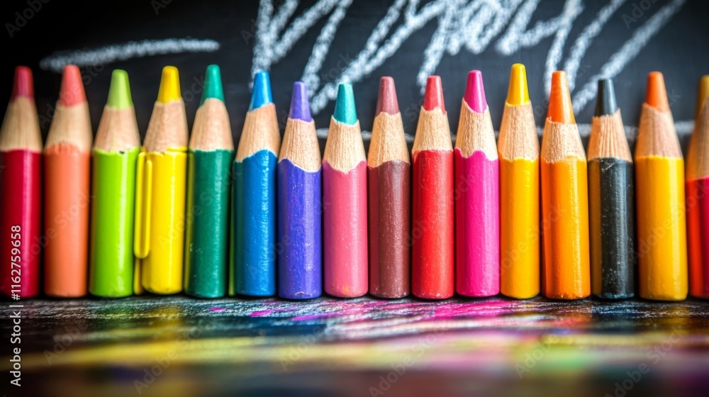 Naklejka premium Colorful crayons on blackboard for back-to-school art projects and educational backgrounds