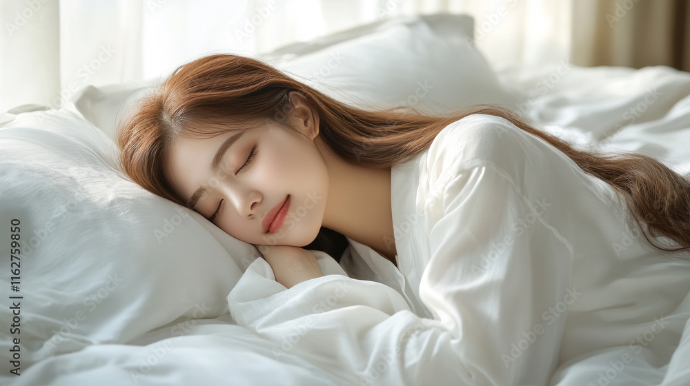 Korean woman sleeping comfortably on white bed in luxury hotel Korean woman sleeping comfortably on white bed in luxury hotel