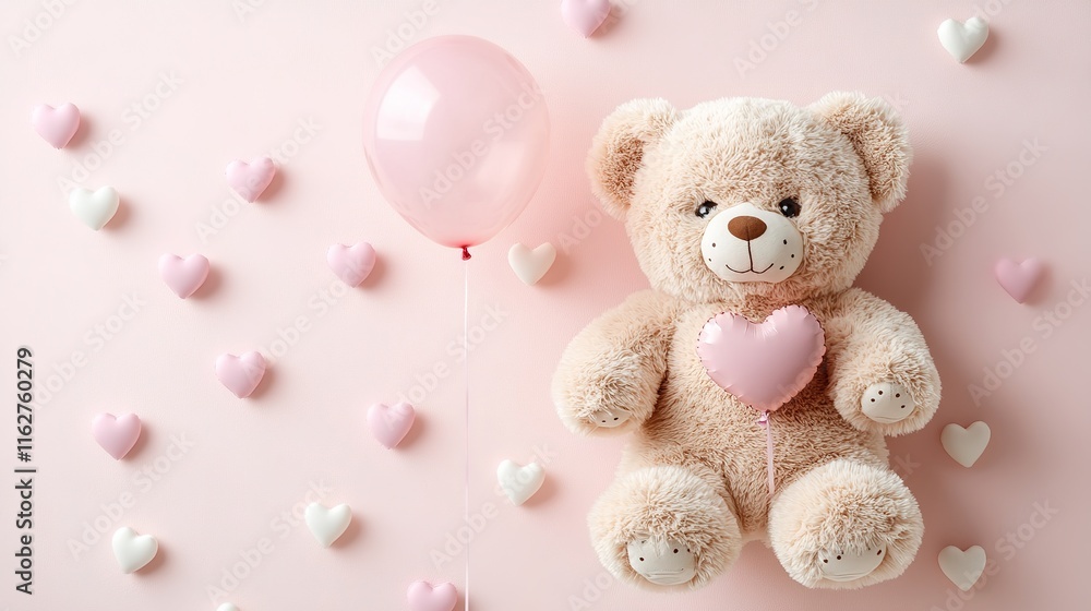 Adorable Teddy Bear Holding Heart Balloon Surrounded by Small Hearts and Soft Colorful Background, Warm Lighting Illustration Style, Sweet and Cute Scene Adorable Teddy Bear Holding Heart Balloon Surrounded by Small Hearts and Soft Colorful Background, Warm Lighting Illustration Style, Sweet and Cute Scene