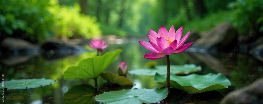 Pink lotus flowers growing in the shallow waters of a forest stream, pink lotus, botanical Pink lotus flowers growing in the shallow waters of a forest stream, pink lotus, botanical