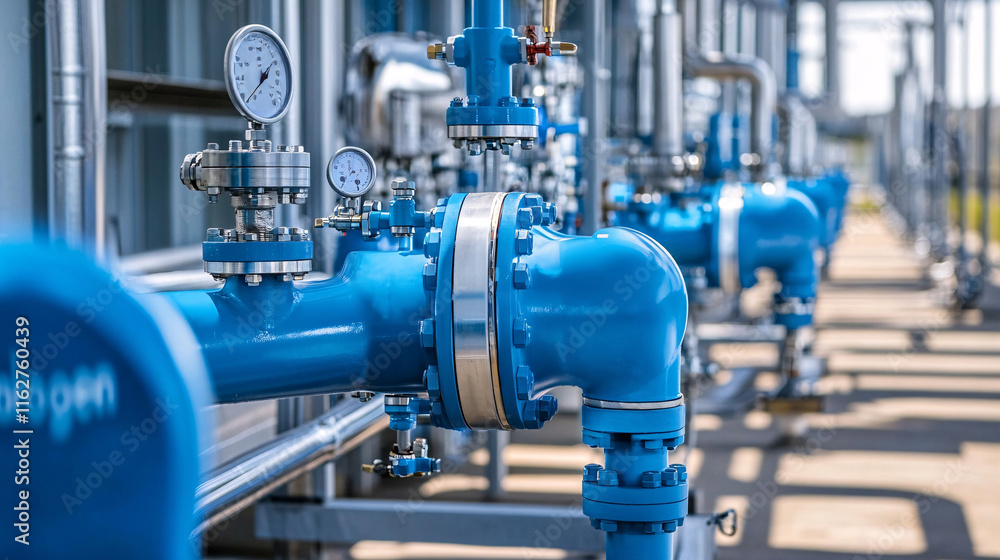 Close-Up of Hydrogen Pipes and Valves in Modern Industrial Facility Highlighting Sustainable Energy Infrastructure Close-Up of Hydrogen Pipes and Valves in Modern Industrial Facility Highlighting Sustainable Energy Infrastructure