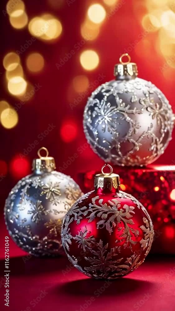 A glowing red background with glittering Christmas ornament silhouettes in gold and silver, radiating light, 4k High-Quality Business Wallpaper Background Animation Video A glowing red background with glittering Christmas ornament silhouettes in gold and silver, radiating light, 4k High-Quality Business Wallpaper Background Animation Video