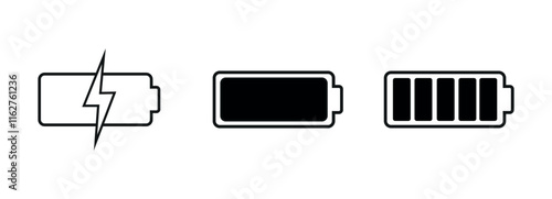 Battery symbol icon set, battery low , charging battery and  high charge. transparent png and vector illustration.