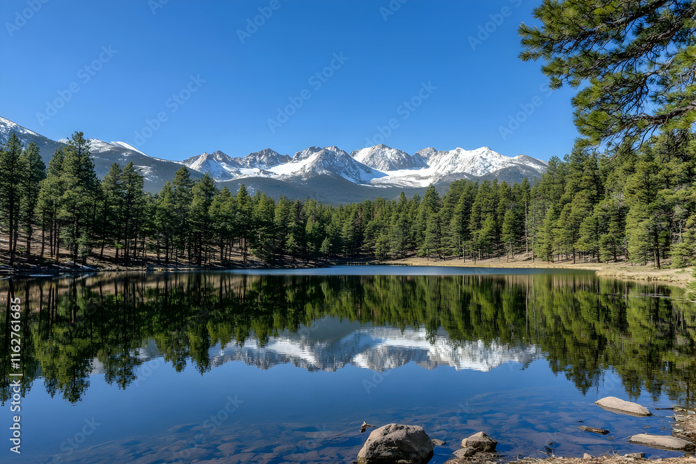 Crystal-clear lake mirroring snow-capped peaks and dense pine forest on a bright day Crystal-clear lake mirroring snow-capped peaks and dense pine forest on a bright day
