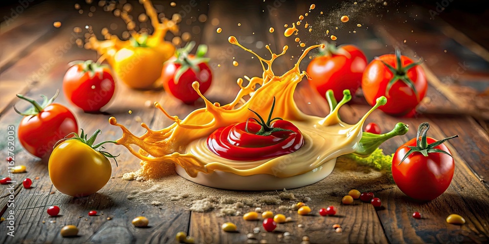 Fototapeta premium Vibrant Tilt-Shift Photography of Tomato Ketchup, Mayonnaise, and Mustard Splashes for Food Lovers and Culinary Art Enthusiasts