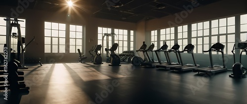 An interior gym filled with high end equipment sun drenched and inviting yet eerily empty photo