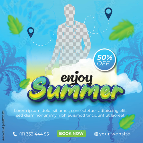 Enjoy Summer Blue Travel Discount Holiday Package Banner Template for Social Ads with Editable Text Effect