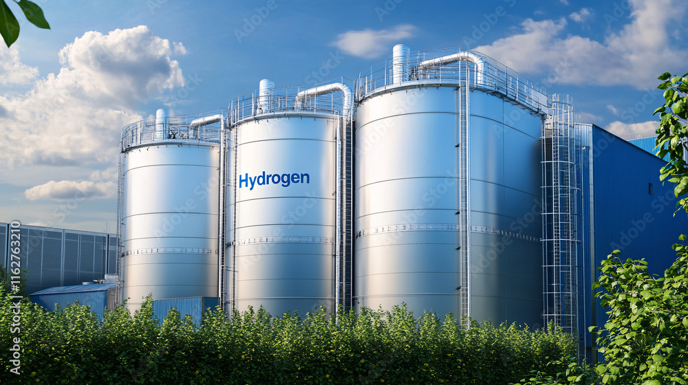 Industrial Hydrogen Storage Tanks Under a Bright Blue Sky with Greenery, Highlighting Clean Energy Solutions and Sustainable Infrastructure Industrial Hydrogen Storage Tanks Under a Bright Blue Sky with Greenery, Highlighting Clean Energy Solutions and Sustainable Infrastructure