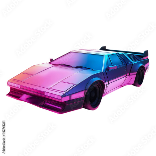 Retro neon classic car illustration isolated, 80s cyberpunk automotive design, vintage vehicle with glowing retrowave style concept photo