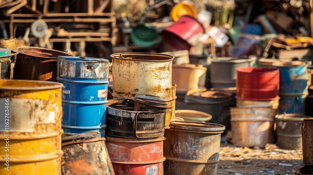Colorful Industrial Drums in Urban Setting Colorful Industrial Drums in Urban Setting