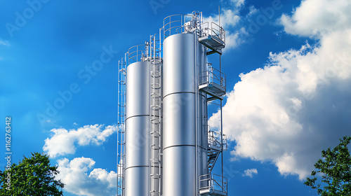 Industrial Hydrogen Storage Tanks Under a Bright Blue Sky with Greenery, Highlighting Clean Energy Solutions and Sustainable Infrastructure photo