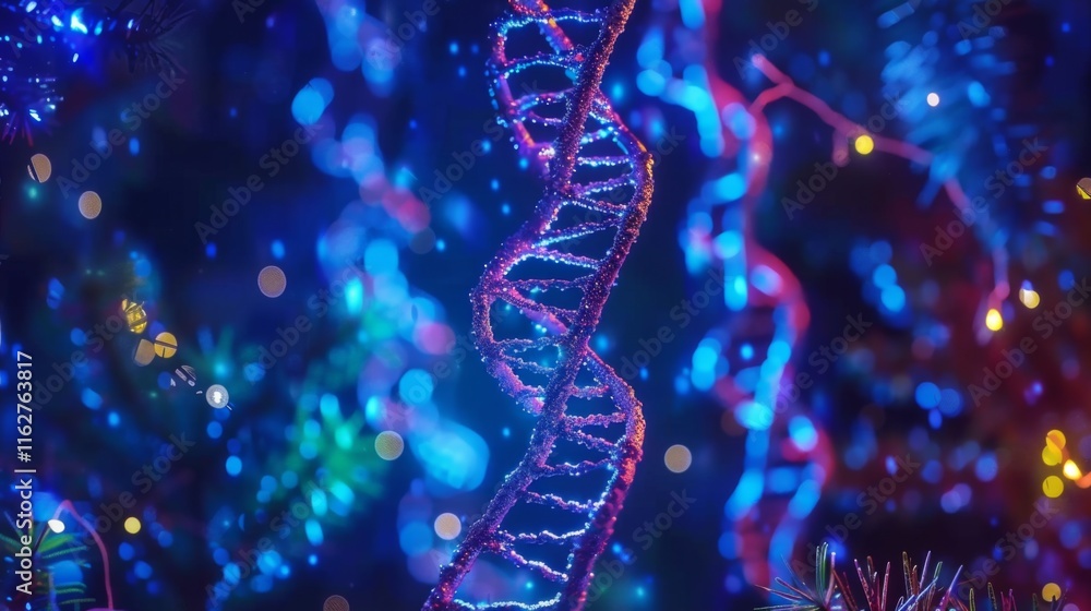 Blue and red particles dna helix glowing over dark blue background. Concept of genetics, science and medicine. Biotech. 3d rendering copy space toned image Blue and red particles dna helix glowing over dark blue background. Concept of genetics, science and medicine. Biotech. 3d rendering copy space toned image