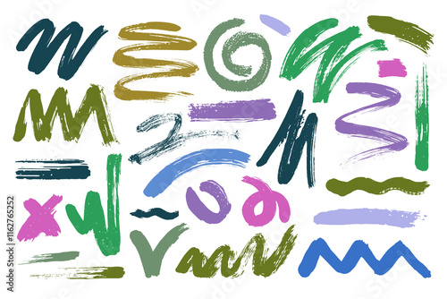 Set of colorful wavy, zigzag, round, straight thick lines artistic wide brush with sweeping chaotic strokes for design texture brushes, background. Vector illustration of grunge elements for collage.
