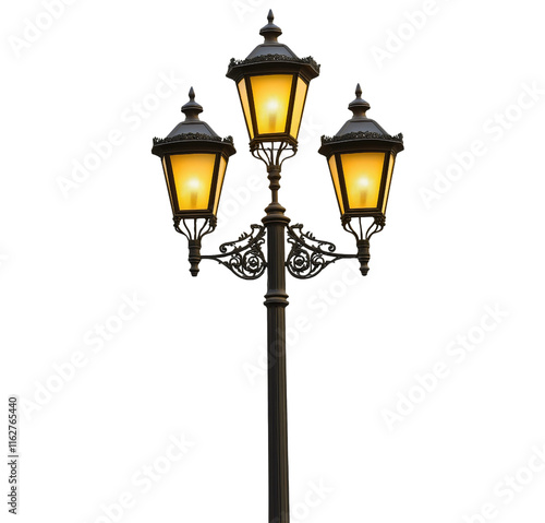 Old fashioned street lamp post isolated design, vintage urban lantern architecture, antique decorative city light pole