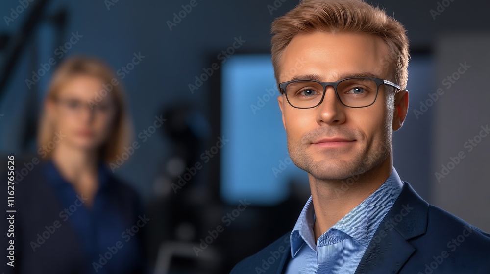 Fototapeta premium Confidently Smiling Businessman Portrait Photo: Professional Close-Up in Modern Office Setting. AI Generated