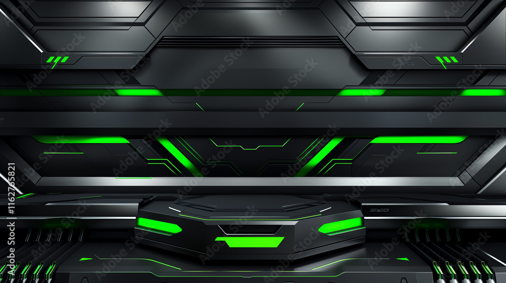 Futuristic Black and Green Podium with High-Tech Car Racing Background Futuristic Black and Green Podium with High-Tech Car Racing Background