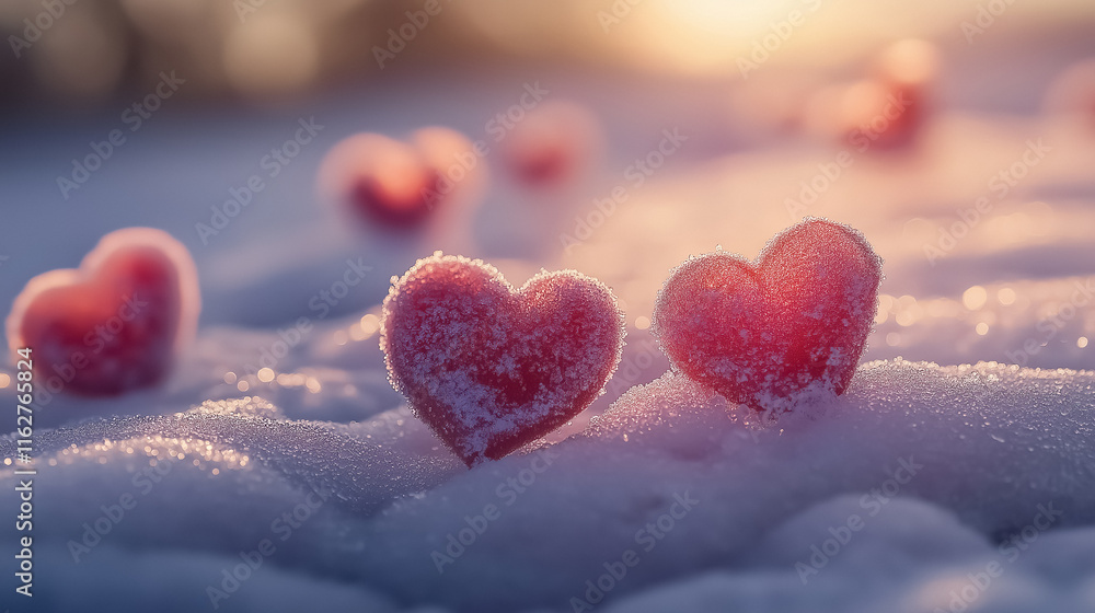 Fototapeta premium Beautiful frosted red hearts on a snowy surface