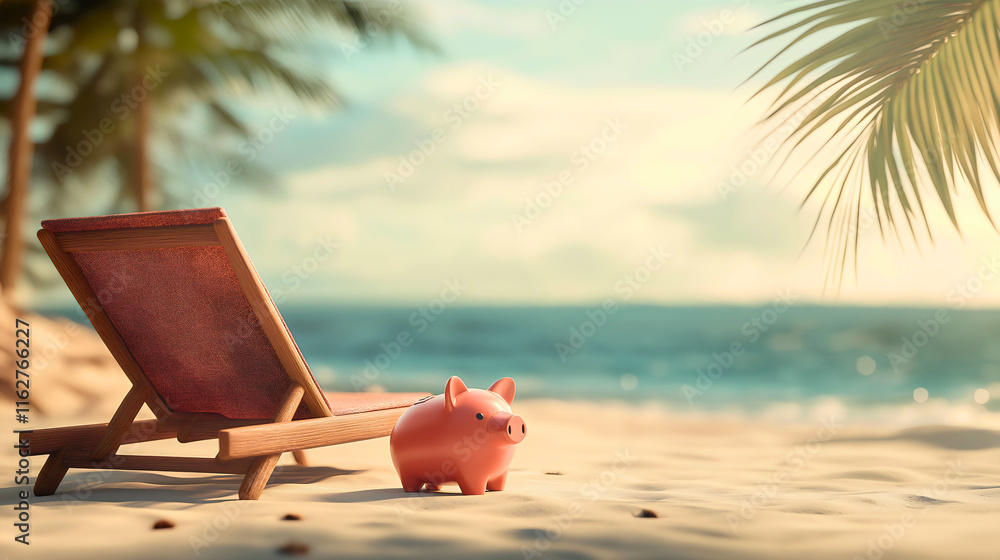 Piggy bank on tropical beach vacation concept, summer savings and travel investment design, financial holiday planning Piggy bank on tropical beach vacation concept, summer savings and travel investment design, financial holiday planning