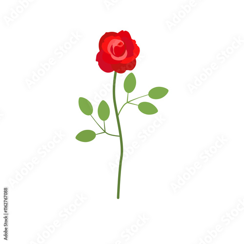 Red rose with leaves isolated on white background. Flat style. Vector.