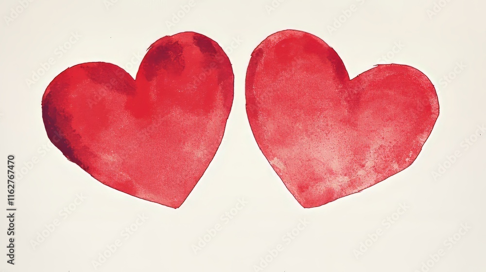 Fototapeta premium Valentine's Day Celebration Two Red Hearts Watercolor Art Romantic Atmosphere Artistic View Love Concept