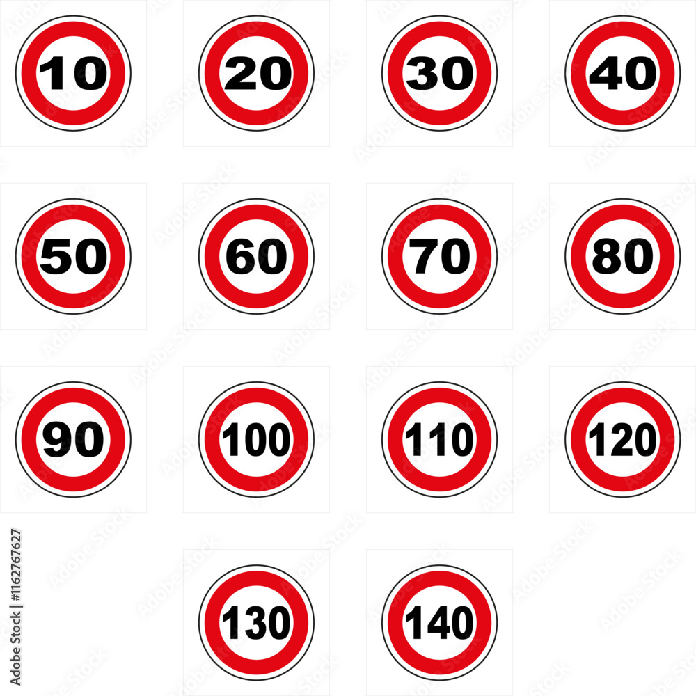 Speed limit signs indicating different maximum speed limits for road safety Speed limit signs indicating different maximum speed limits for road safety