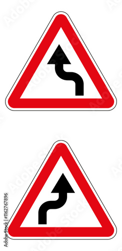 Double winding road sign indicating curves ahead on white background