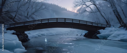 An elegant planner open to the first page atop a frost covered bridge spanning a frozen stream with delicate snowflakes drifting in the background