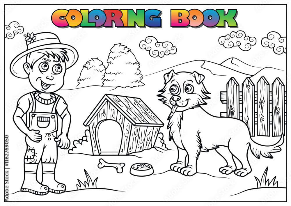 Obraz premium Black and white illustration of a farmer and his dog near a doghouse, ready to be colored, perfect for children's activity books