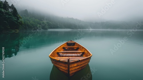 Tranquil foggy morning at a quiet lake showcasing a serene wooden boat in nature s embrace photo