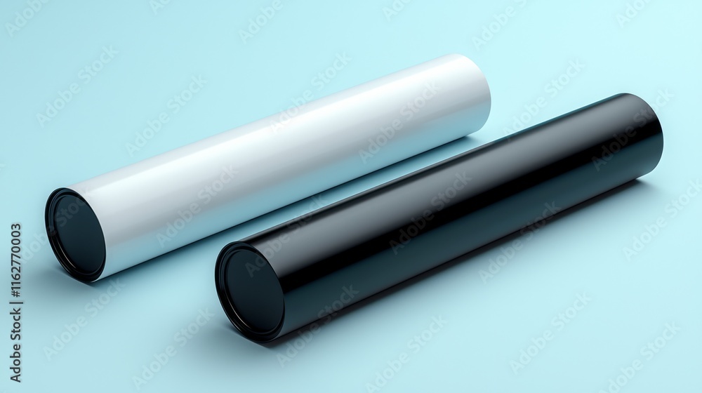 Two cylindrical containers, one white and one black, on a light blue background. Two cylindrical containers, one white and one black, on a light blue background.
