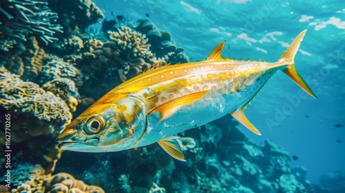 A vibrant underwater scene featuring a colorful fish swimming past coral, Ideal for marine life education, ocean conservation themes, and travel articles highlighting aquatic adventures, photo