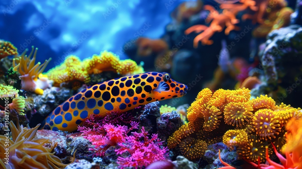 A vibrant underwater scene featuring a spotted eel among colorful coral formations, showcasing marine life beauty, Ideal for educational materials, websites A vibrant underwater scene featuring a spotted eel among colorful coral formations, showcasing marine life beauty, Ideal for educational materials, websites