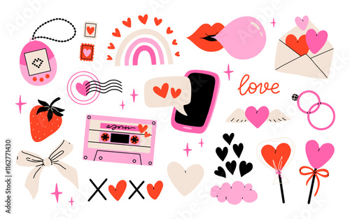 Valentines day elements vector set. Gifts, envelope, heart, dessert, messages, candies, locks and other traditional decorations. Cartoon style. Perfect for stickers and greeting cards.
