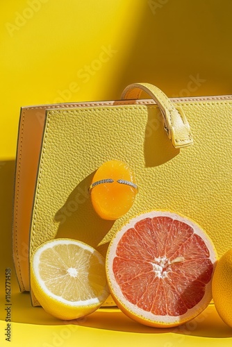 A vibrant yellow handbag is artfully arranged amidst a colorful array of fresh citrus fruits, evoking a lively and cheerful springtime atmosphere