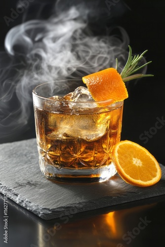 Creating a delightful smoky citrus cocktail adorned with ice and fragrant herbs, set against a dark slate backdrop for an elegant presentation