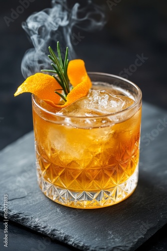 Sip of sophistication with smoky herbal cocktail garnished with orange zest and rosemary on a sleek slate surface