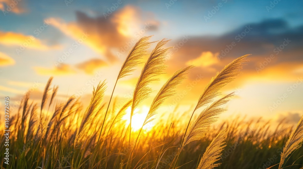 Golden Sunset Over Pampas Grass Field Golden Sunset Over Pampas Grass Field