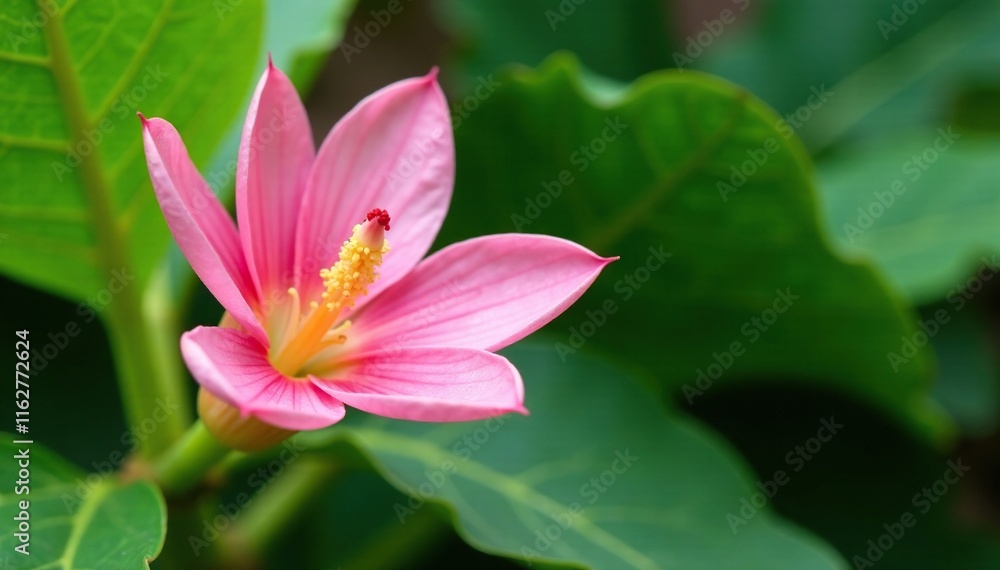 Delicate pink banana blossom on a green leafy stem, details, plant, foliage Delicate pink banana blossom on a green leafy stem, details, plant, foliage