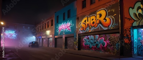 A vibrant street scene in a ghetto where walls are alive with large scale murals and colorful graffiti