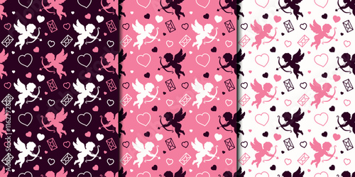valentines seamless patterns in imperial purple, pink and white colors. cupid with bow. romantic and love background. valentine's day design