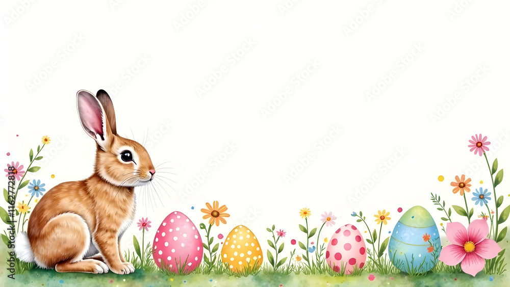 Easter decorations border with white Handwriting thin Letters Happy Easter over Easter background with bunnies, eggs and flowers