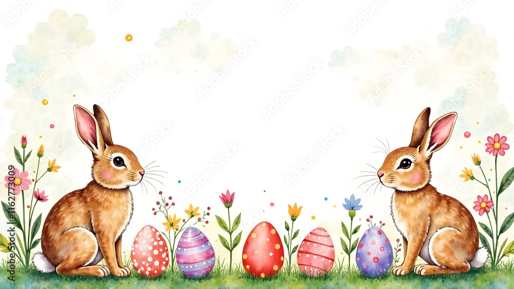 Easter decorations border with white Handwriting thin Letters Happy Easter over Easter background with bunnies, eggs and flowers