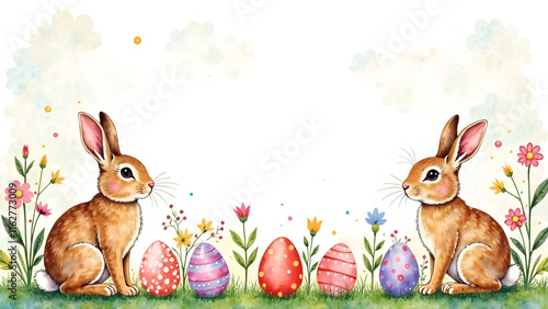 Obraz na płótnie Easter decorations border with white Handwriting thin Letters Happy Easter over Easter background with bunnies, eggs and flowers w salonie
