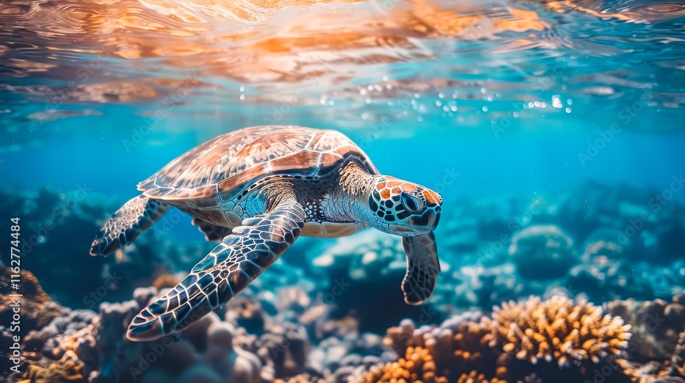 Obraz premium A serene underwater scene showcasing a vibrant turtle gliding gracefully above a coral reef bathed in soft sunlight, Ideal for marine conservation campaigns, travel brochures