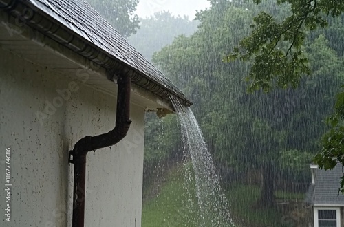 Heavy Rain Pouring from House Roof Gutter