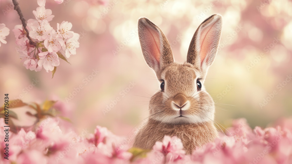 Easter bunny and hope concept. Cute rabbit surrounded by pink blossoms in soft spring light. Easter bunny and hope concept. Cute rabbit surrounded by pink blossoms in soft spring light.