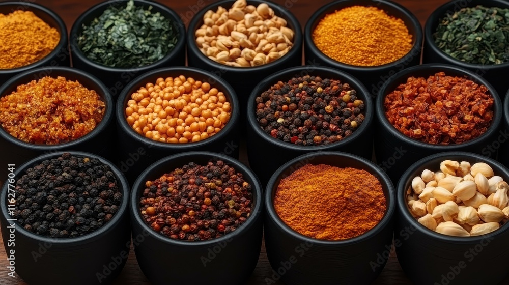 Rustic wooden textures organized with various seasonings Rustic wooden textures organized with various seasonings