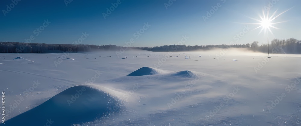 A tranquil view of a snow covered field under a bright blue sky evoking a sense of winter wonder A tranquil view of a snow covered field under a bright blue sky evoking a sense of winter wonder
